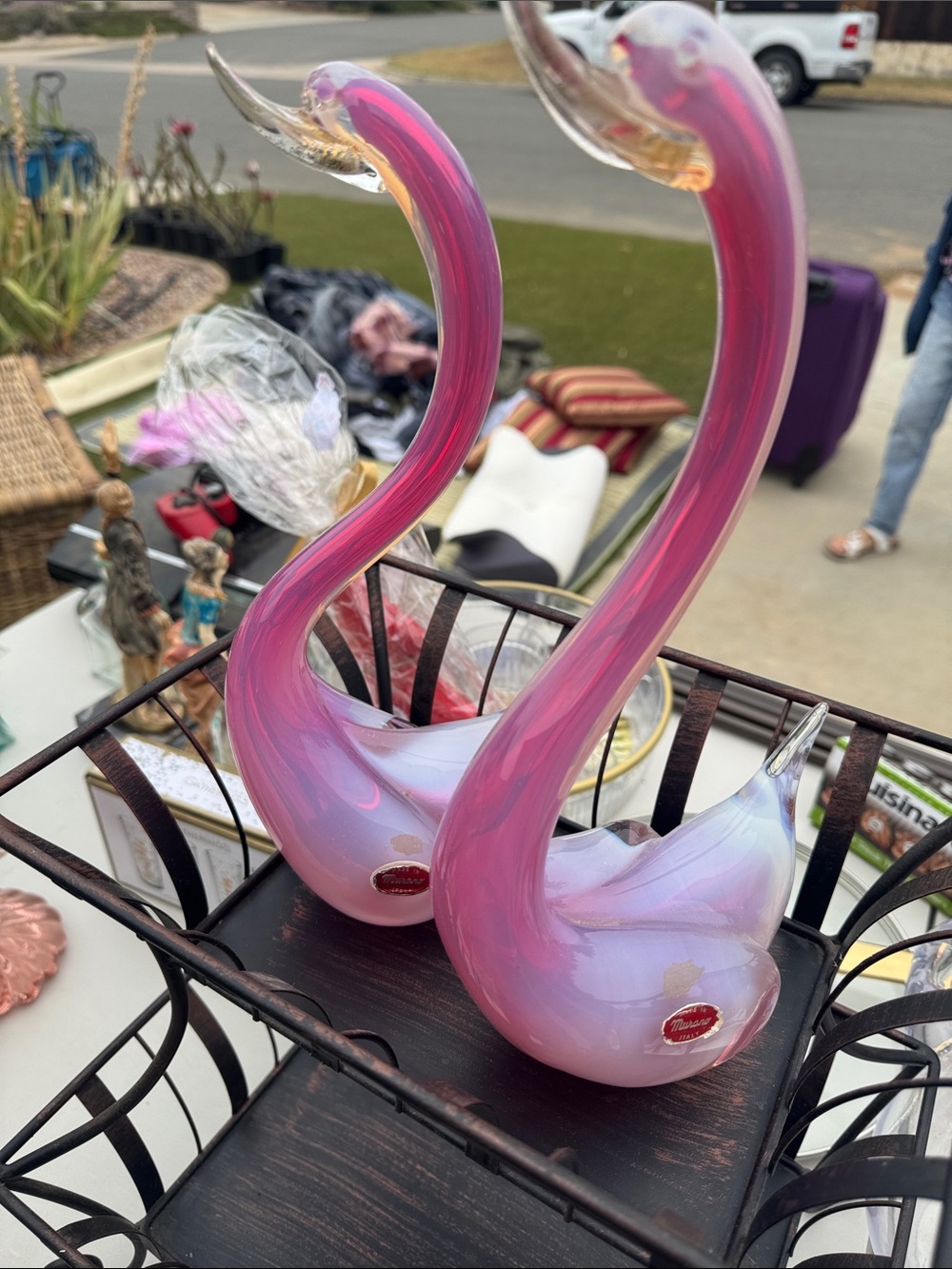 Murano Pink and Gold Glass Swan Duo